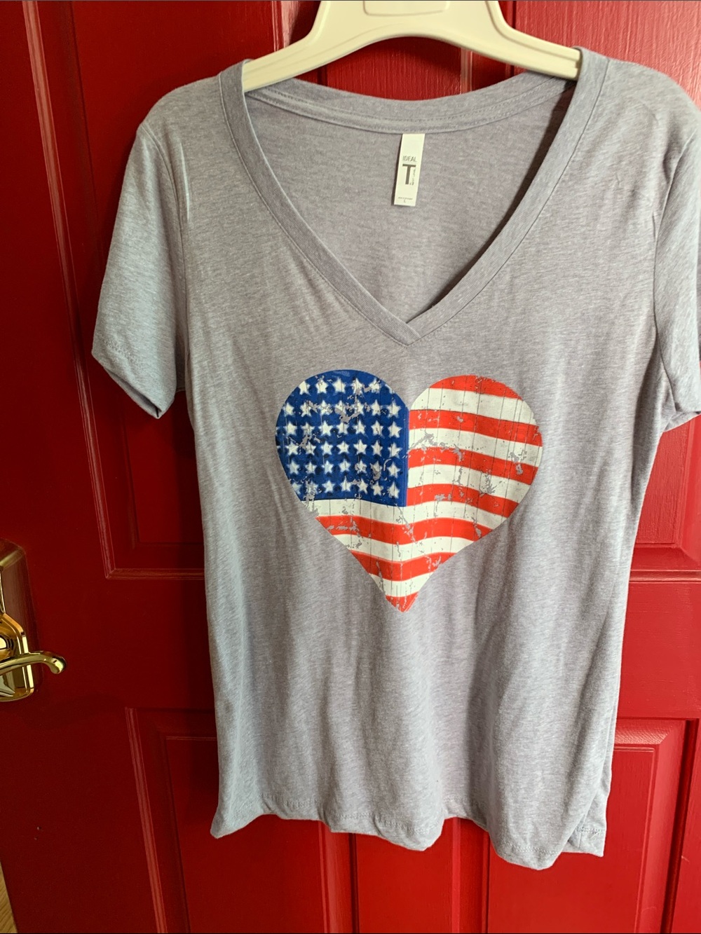 Gray V-Neck Tee with Patriotic Distressed American Flag Heart